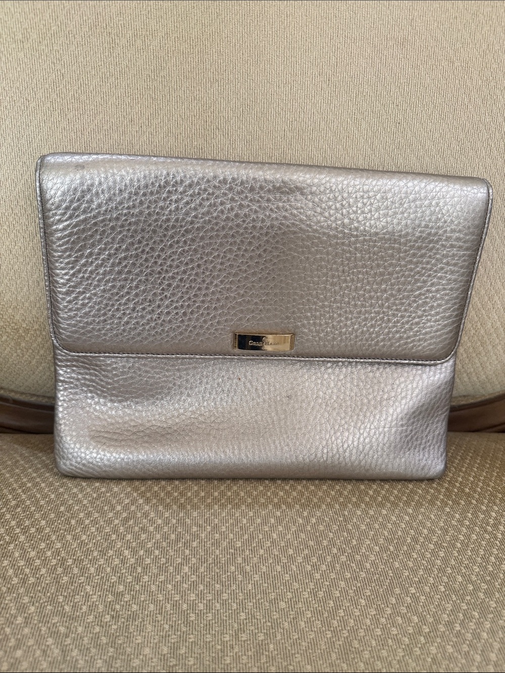 Cole Haan Pebbled Metallic Silver Leather Fold-Over Clutch with Gold Accent